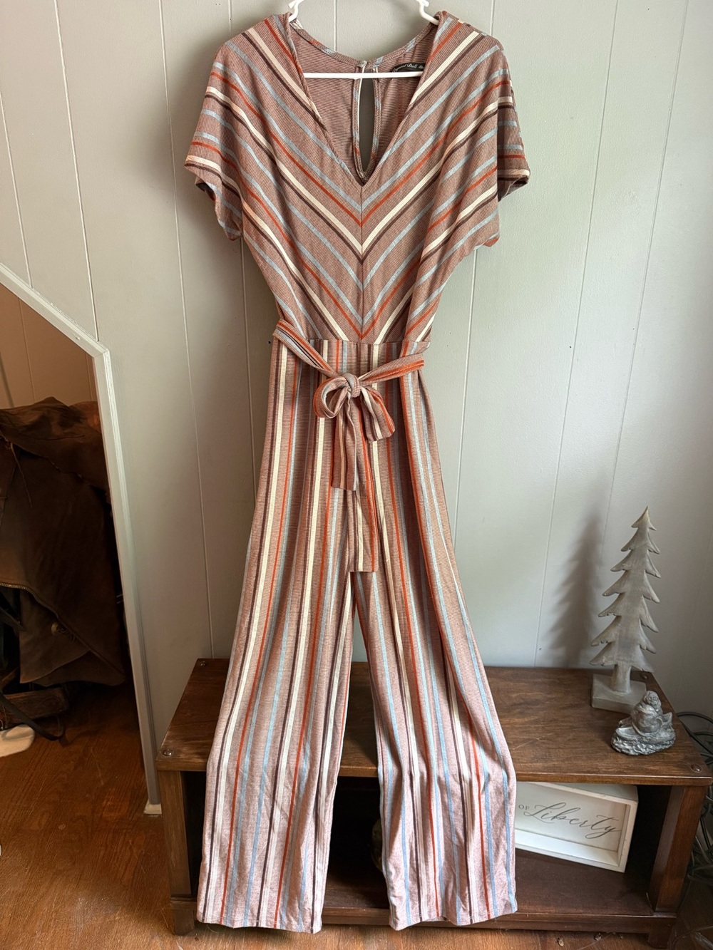 Crystal Doll Striped V-Neck Belted Jumpsuit in Rust & Cream with Blue Accents